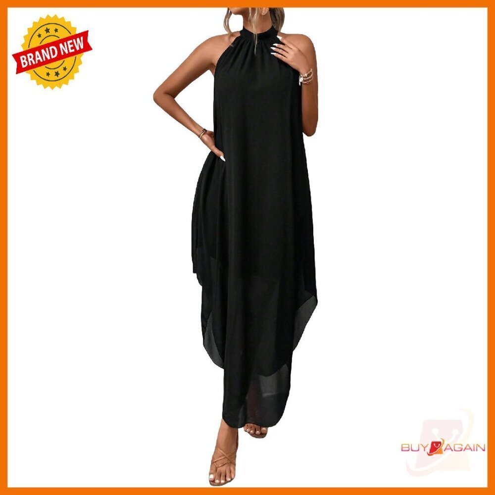Formal Halter Dress Asymmetrical Long Sleeveless Wedding Guest
